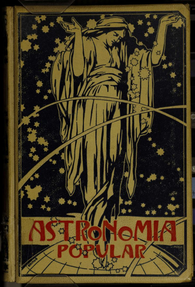 Ein Buchumschlag mit einer Person in einem weißen Hemd mit ernstem Gesichtsausdruck vor einem tiefblauen Nachthimmel mit Sternen, betitelt "Populäre Astronomie" in fetter Schrift.