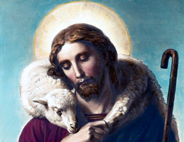 Ein Mann trägt ein Schaf auf den Schultern und hält einen Gehstock, vor einem blauen, gelben und cremefarbenen Hintergrund.