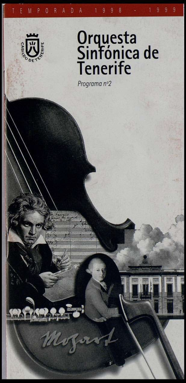 Plakat für das zweite Programm der Orquesta Sinfónica de Tenerife, das Mozarts Symphonie Nr. 2 in D-Moll, Op. 63, mit zwei Geigerinnen vor einem Gebäude zeigt.