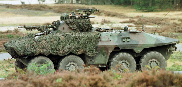 Militärischer Personentransporter mit montierter großer Kanone, der auf einer Straße neben einem Wald fährt.