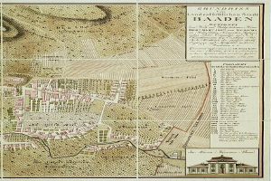 Ein detailliertes altes Stadtplan von Baden-Württemberg, Deutschland, der Straßen, Gebäude und Sehenswürdigkeiten zeigt, mit einem Gebäude in der rechten unteren Ecke und einem Text, der Stadtinformationen bereitstellt.
