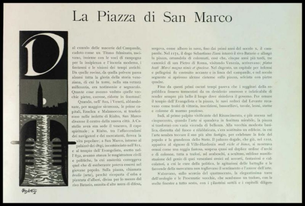 Ein Blatt mit einer detaillierten, farbenfrohen Illustration des Piazza di San Marco in Venedig, Italien, mit klassischem Text.