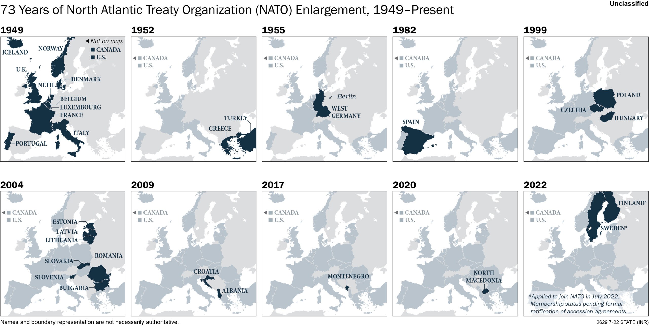 Karte veranschaulicht die Erweiterung der NATO von 1949 bis heute, wobei die Regionen farblich nach dem Jahr des Beitritts unterteilt sind und ein Titel zusätzliche Informationen bietet.