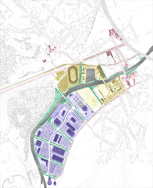 Vorgeschlagener Lageplan für die neue Stadt London, dargestellt als farbcodierte Karte mit beschrifteten Bereichen und Text oben und unten.