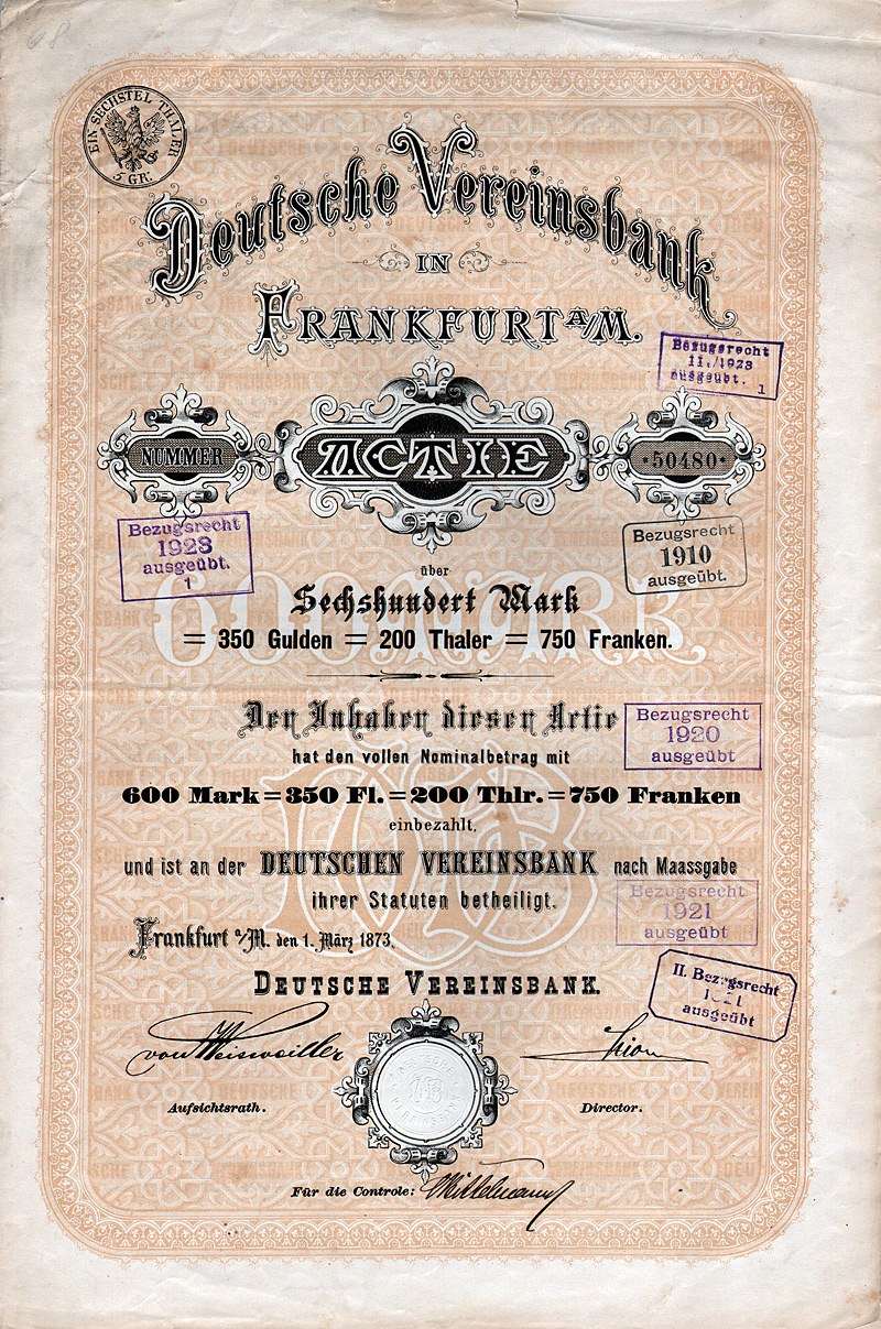 Altes deutsches Aktienzertifikat der Deutschen Vereinsbank in Frankfurt, auf Papier gedruckt.