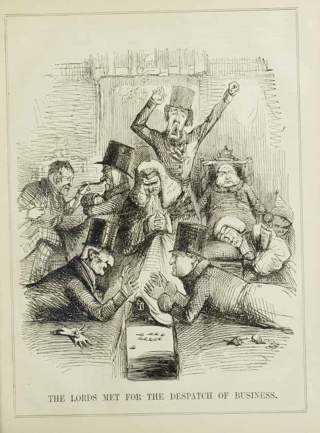 Eine historische Illustration, die eine Gruppe von Menschen in Not zeigt, einige schauen ängstlich hoch und andere verwirrt runter, mit dem Text "Die Lords trafen sich zur Geschäftsabwicklung", was auf eine schwierige oder dringende Situation hindeutet.