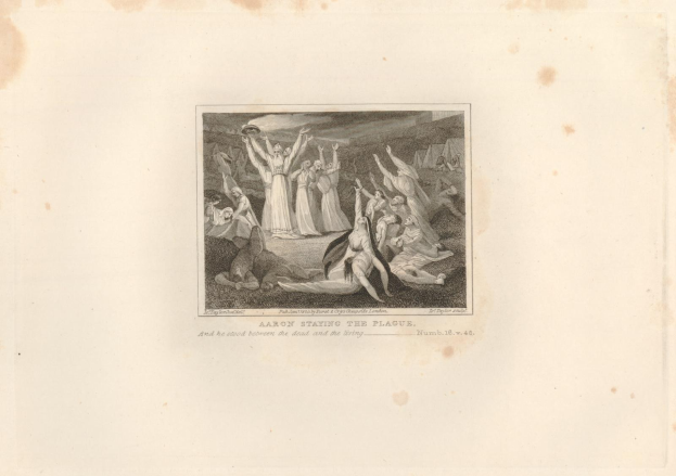 Schwarze und weiße Radierung mit dem Titel "Aaron Staying the Plague", die verängstigte Menschen in einem Feld unter einer untergehenden Sonne zeigt.