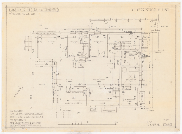 Blaupause eines Hauses mit der Aufschrift "Landhaus in Berlin" auf Papier gezeichnet, wahrscheinlich darstellend den architektonischen Plan des Hauses.