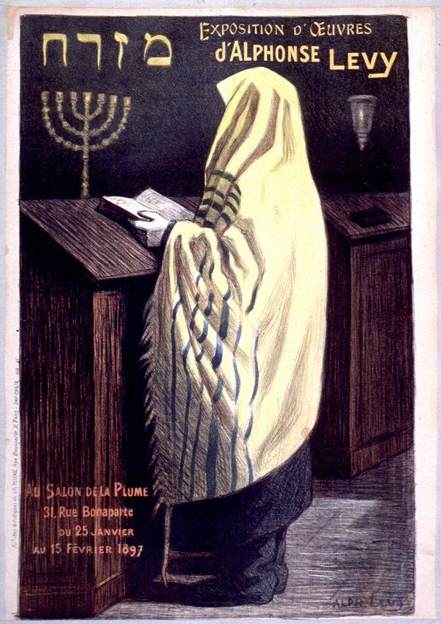 Plakat f├╝r eine j├╝dische Ausstellung in Paris, mit einer Person vor einem Tisch mit einem Buch und einer Menora, sowie Ausstellungseinzelheiten.