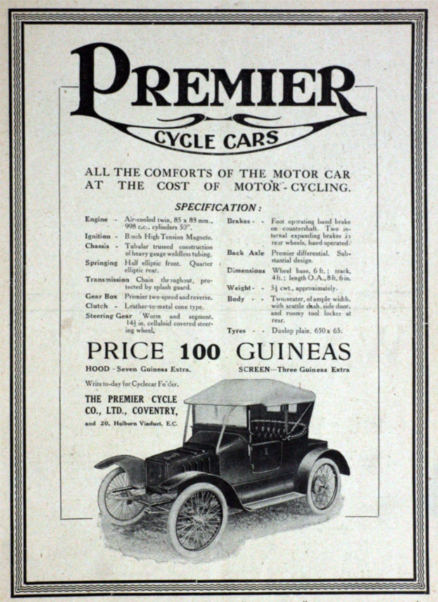 Ein glänzender schwarzer Oldtimer mit einem schlanken, modernen Design ist auf einem Plakat mit der Schrift "Premier Cycle Cars" in fetter, weißer Schrift zu sehen.