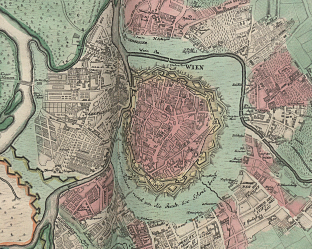Ein alter Stadtplan von Wien, Deutschland, der Straßen, Gebäude und Sehenswürdigkeiten in detaillierter Weise zeigt.