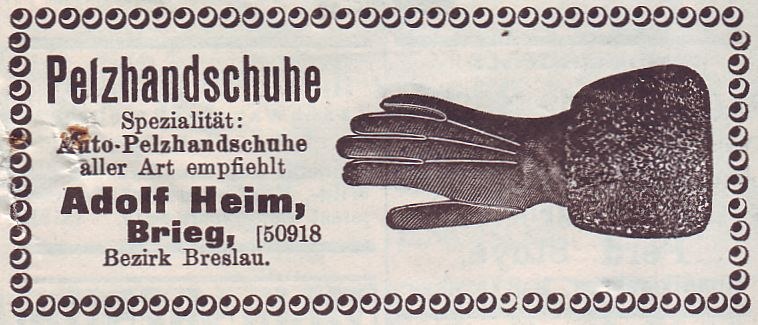 Alte deutsche Visitenkarte mit einer Illustration von einem Paar Handschuhe und gedrucktem Text.