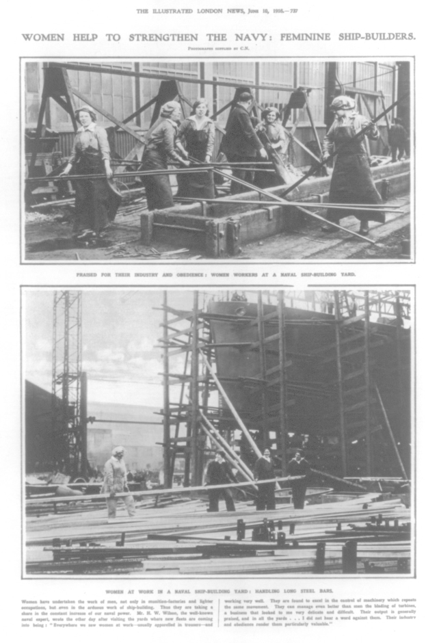 Schwarzes und weißes Foto von Frauen, die Metallteile auf einem Schiff zusammenbauen, mit dem Text "Frauen stärken die Marine Feminine Schiffbauer" oben und unten.