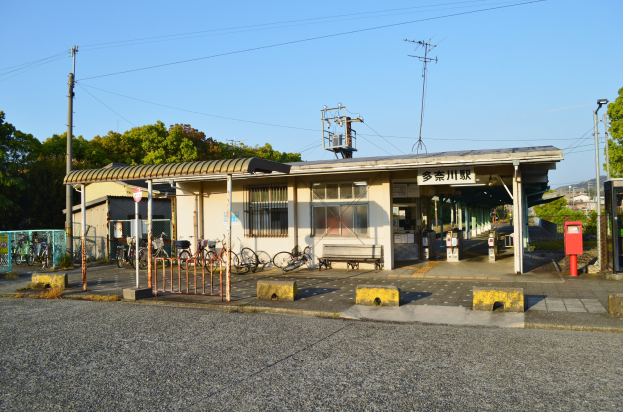Ein Bahnhof mit vor ihm geparkten Fahrrädern, eine Straße unten und im Hintergrund Häuser, Bäume, Pfähle, Drähte und einen klaren blauen Himmel.