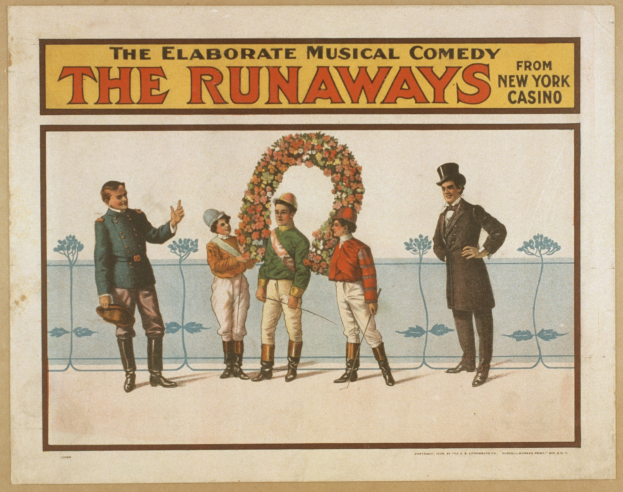 Plakat für "Elaborate Musical Comedy Runaways" aus dem New Yorker Casino, das eine Gruppe von Menschen in einer Reihe zeigt, wobei einer einen Blumenstrauß hält und Text, der die Show beschreibt.