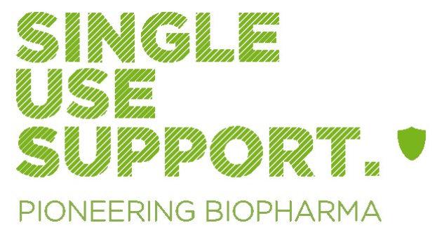 Weißer Hintergrund mit fettem grünem Text, der "single use support pioneering biopharma" gegen einen weißen Hintergrund liest.