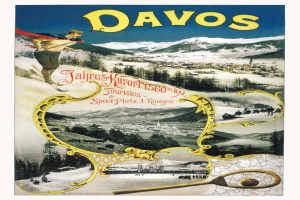 Ein Vintage-Plakat, das die Skiresort Davos in der Schweiz bewirbt, zeigt einen Skifahrer vorne mit Bäumen, Häusern und Bergen im Hintergrund sowie beschreibendem Text.