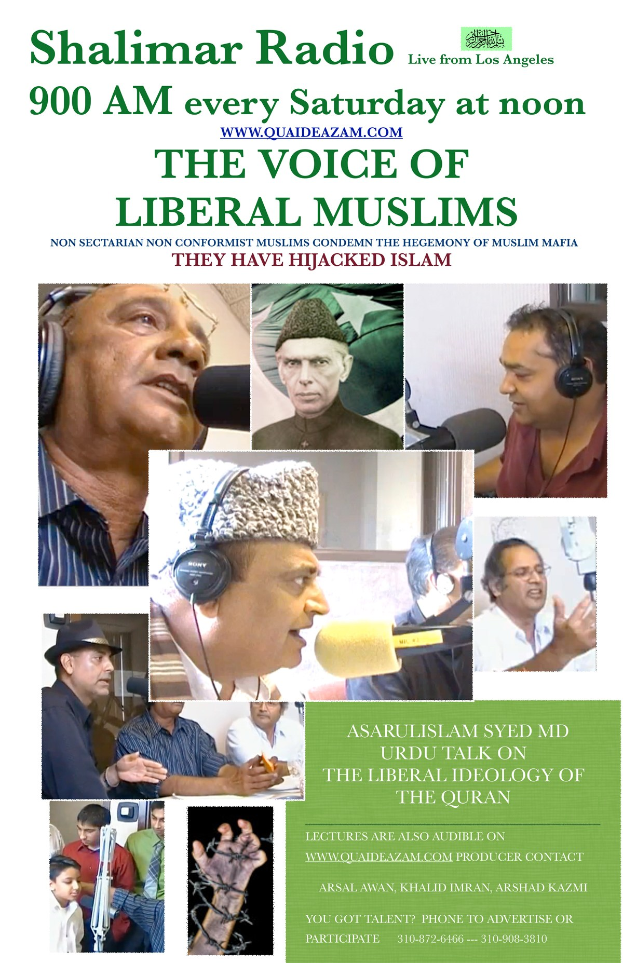 Plakat für eine Radiosendung mit dem Titel "Die Stimme der liberalen Muslime", mit Bildern von Menschen mit Headsets und Mikrofonen in einem Gespräch.