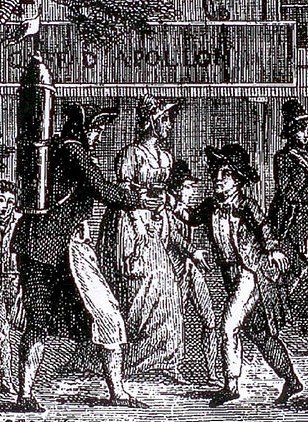 Schwarz-weiß-Zeichnung einer Gruppe verängstigter Menschen, die eine Straße entlanglaufen, vorbei an einem Gebäude, mit dem Text "Victorian riots in London" unten.