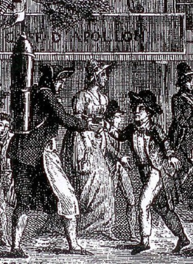 Schwarz-weiß-Zeichnung einer Gruppe verängstigter Menschen, die eine Straße entlanglaufen, vorbei an einem Gebäude, mit dem Text "Victorian riots in London" unten.