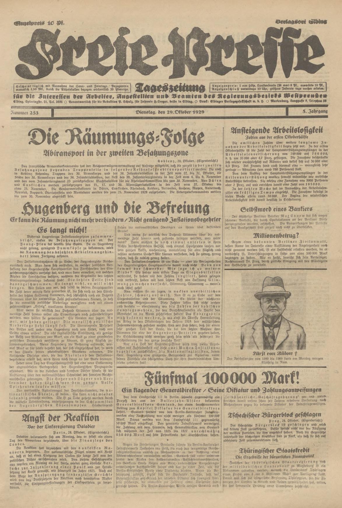 Alte deutsche Zeitung vom 29. September 1929 mit der Schlagzeile "Sugenberg und die Defreiung", die ein Schwarz-Weiß-Foto eines Mannes in Anzug, Krawatte und Hut mit ernstem Gesichtsausdruck zeigt.