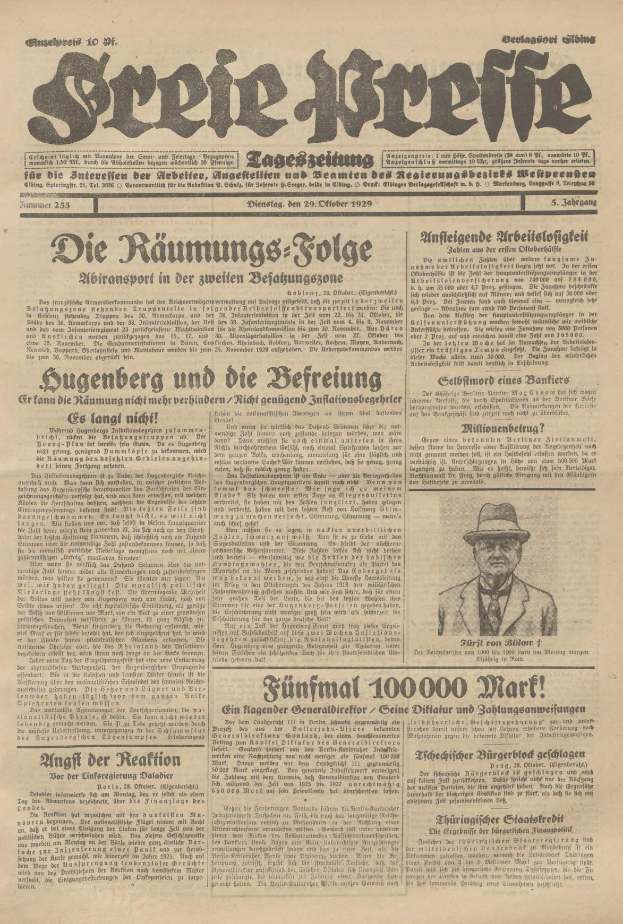 Alte deutsche Zeitung vom 29. September 1929 mit der Schlagzeile "Sugenberg und die Defreiung", die ein Schwarz-Weiß-Foto eines Mannes in Anzug, Krawatte und Hut mit ernstem Gesichtsausdruck zeigt.