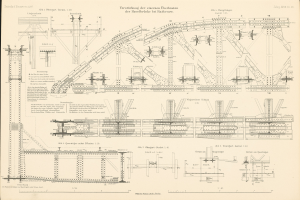 Ein altes Buch mit einer Zeichnung einer Bahntrasse, gefüllt mit detaillierten Diagrammen und Texten zum Bau einer Brücke.