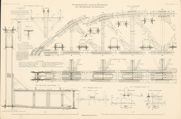 Ein altes Buch mit einer Zeichnung einer Bahntrasse, gefüllt mit detaillierten Diagrammen und Texten zum Bau einer Brücke.