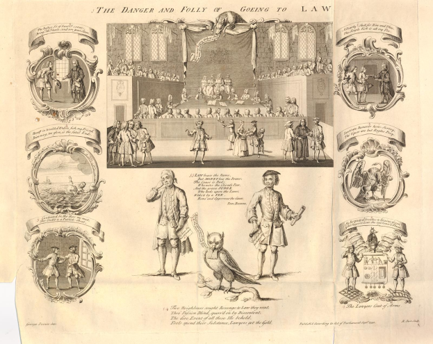 Zeitung mit verstörten Figuren und fettem Text, die die Gefahren und Absurdität der Rechtsverfolgung illustrieren.