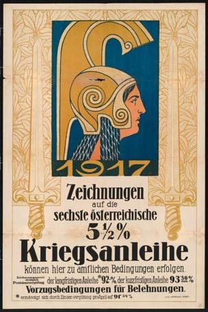 Plakat für ein 1917er Berlin-Konzert mit einer Frau in Helm und Schwert.