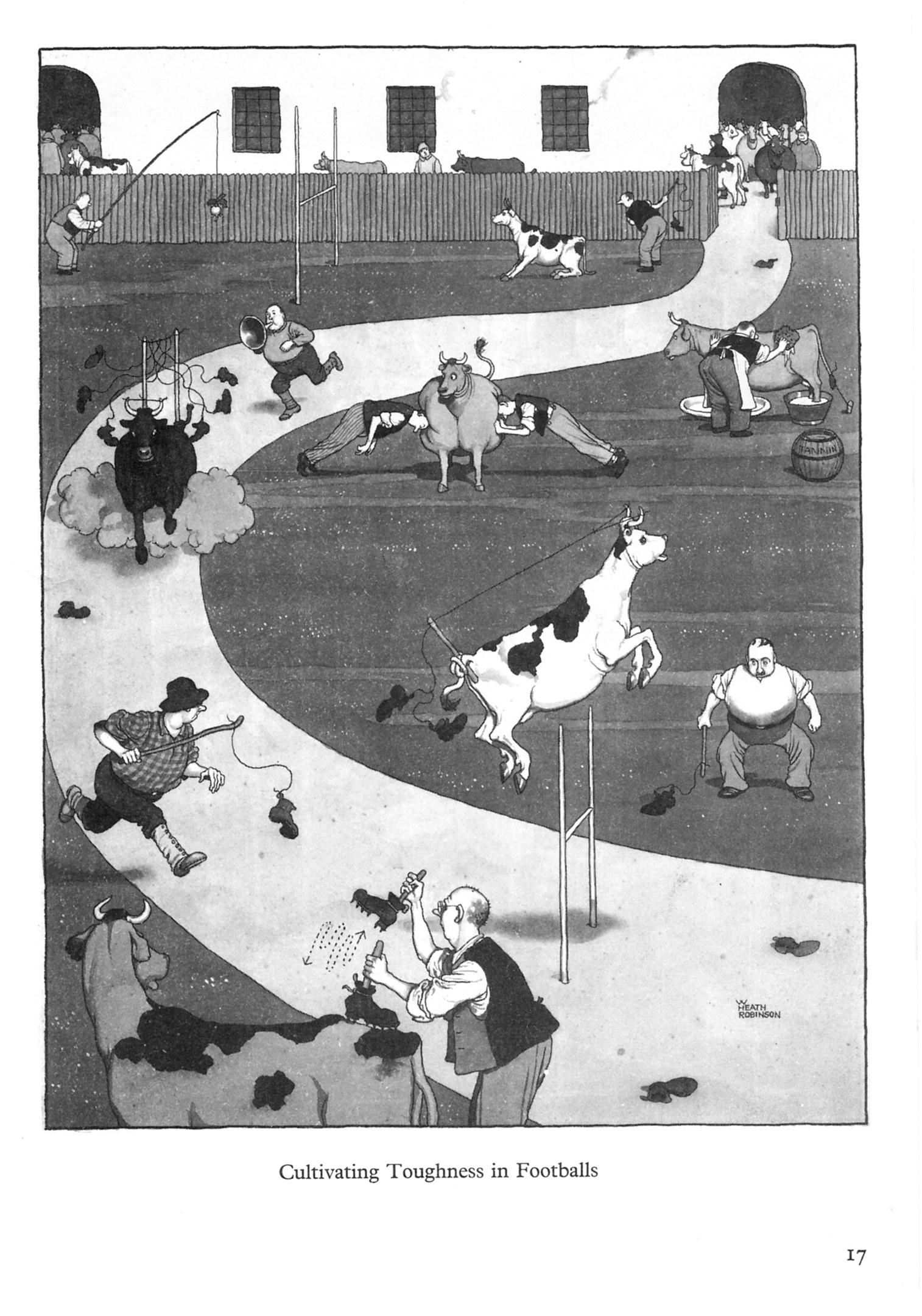 Schwarze und weiße Zeichnung von Menschen und Tieren in einem Feld mit einer Wand und Fenstern im Hintergrund, mit dem Text "Zähigkeit im Fußball kultivieren" unten.