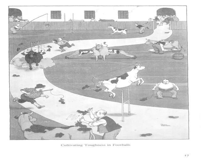 Schwarze und weiße Zeichnung von Menschen und Tieren in einem Feld mit einer Wand und Fenstern im Hintergrund, mit dem Text "Zähigkeit im Fußball kultivieren" unten.