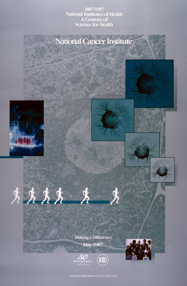 Buntes Plakat mit einem blauen Hintergrund und weißer, fetter, großgeschriebener Schrift, die "National Cancer Institute" lautet, umgeben von überlappenden Kreisbildern von lachenden Menschen verschiedenen Alters, Geschlechts und Ethnien.