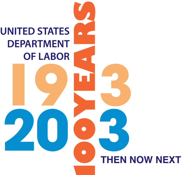 Das Logo des United States Department of Labor mit einem blauen Kreis und einem weißen Stern ist über dem Text "1933 dann jetzt nächste" in fetter schwarzer Schrift zu sehen.