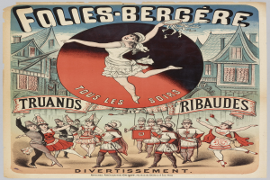 Ein Plakat, das eine Tanzshow in Paris ankündigt, zeigt eine Gruppe von Menschen, die im Vordergrund tanzen, mit Gebäuden im Hintergrund und beschreibendem Text.