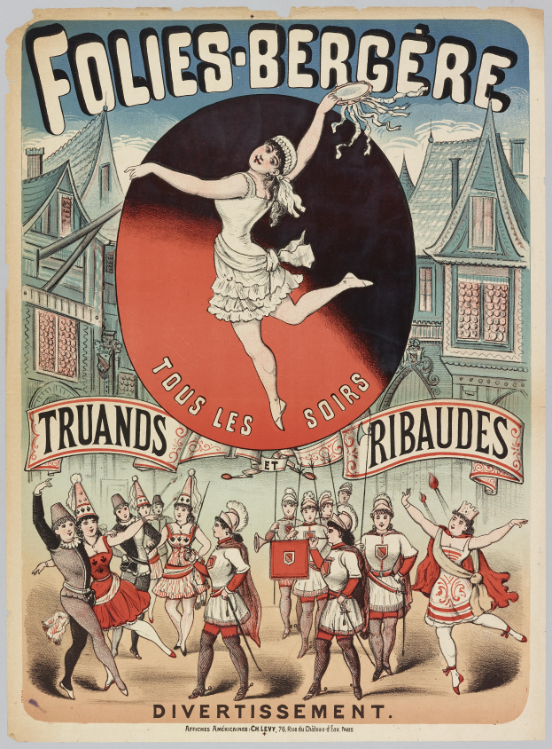 Ein Plakat, das eine Tanzshow in Paris ankündigt, zeigt eine Gruppe von Menschen, die im Vordergrund tanzen, mit Gebäuden im Hintergrund und beschreibendem Text.