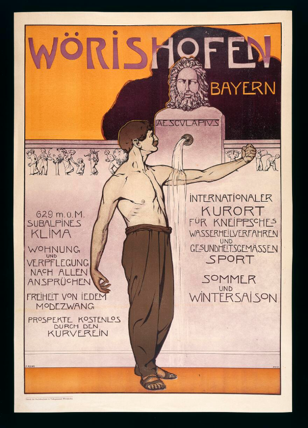 Plakat zum Wörishofener Fest in München, Deutschland, mit einer Person in weißem Hemd und blauer Mütze, die einen Stab und ein Buch hält, sowie der Aufschrift 'Wörishofener Bayerisches Fest' in fetter schwarzer Schrift auf einem hellgelben Hintergrund.