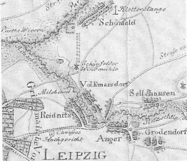 Detailierte alte Karte von Leipzig, Deutschland, mit Straßen, Gebäuden und Sehenswürdigkeiten sowie zusätzlichem Text über Bevölkerung, Straßen und bemerkenswerte Orte.