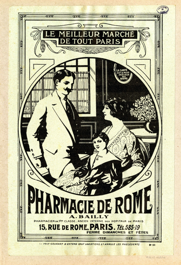 Schwarz-weiß-Anzeige für eine Apotheke in Rom mit einem Mann und einer Frau nebeneinander stehend und Text, der die Apotheke und ihre Dienstleistungen beschreibt.