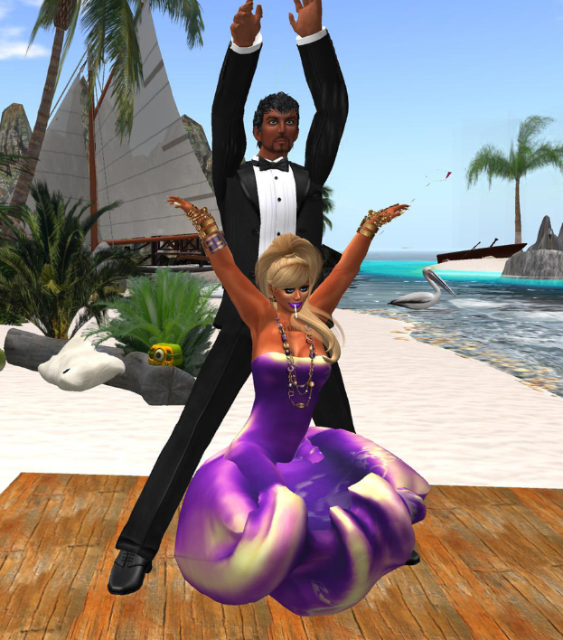 Eine animierte Abbildung eines Mannes in schwarzem Mantel und Hose neben einer Frau in einem lila Kleid, mit einem Vogel und Wasser auf der rechten Seite und einem Himmel darüber.