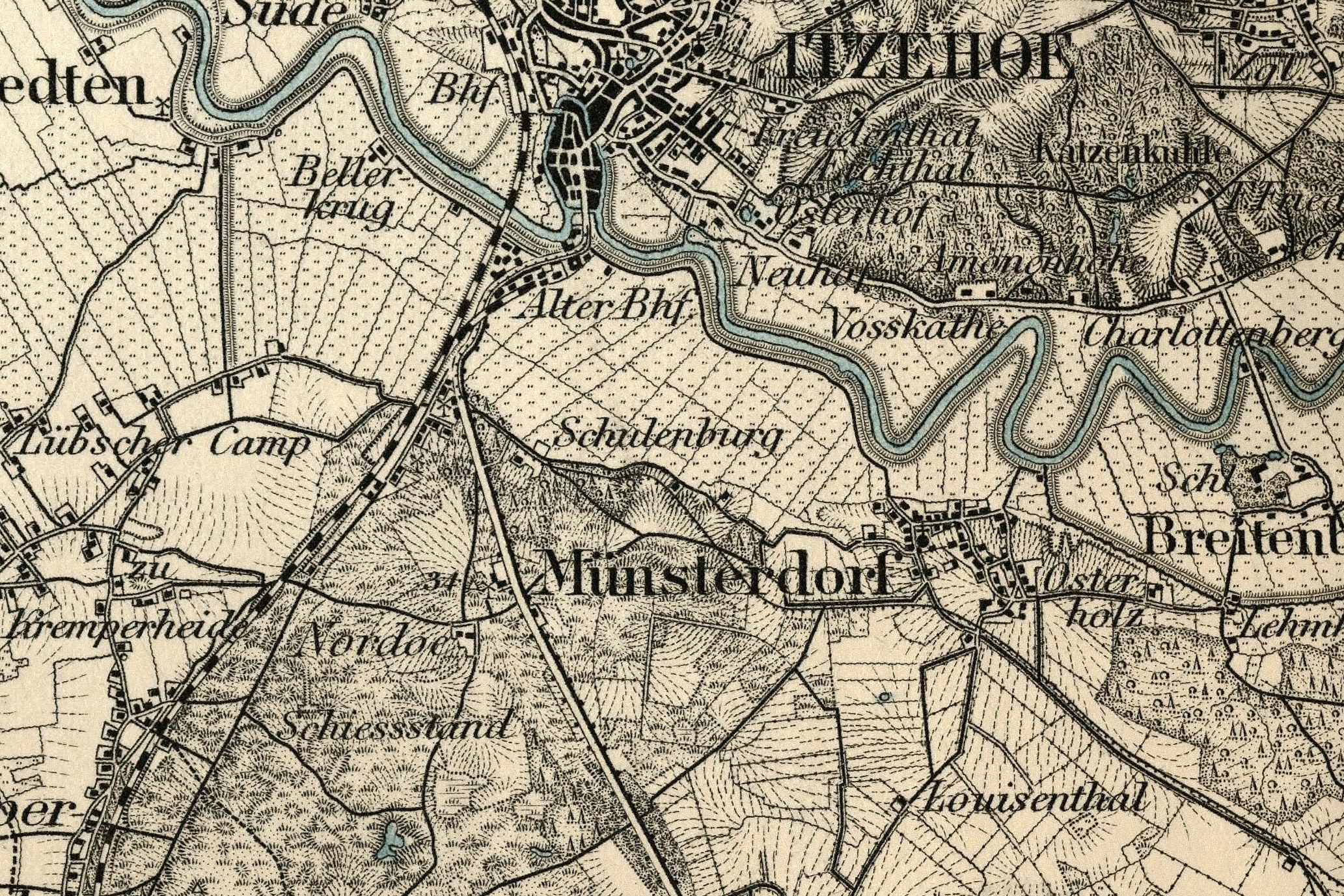 Detailiertes altes Stadtplan von München, Deutschland, zeigt Straßen, Gebäude und Sehenswürdigkeiten mit Textanmerkungen.