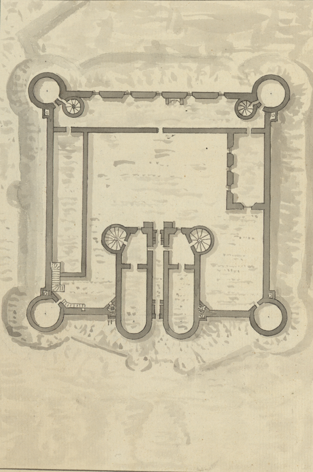 Ein detailliertes architektonisches Zeichnung eines Bauplans mit zahlreichen Rohren, Rädern in kreisförmiger Anordnung und beschreibendem Text.
