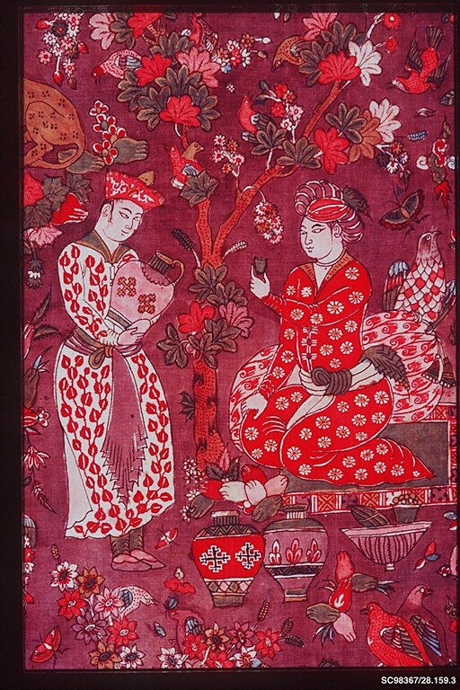 Gemälde eines Mannes und einer Frau in traditioneller chinesischer Kleidung, umgeben von Blumen und Vögeln, in einem Foto Rahmen.