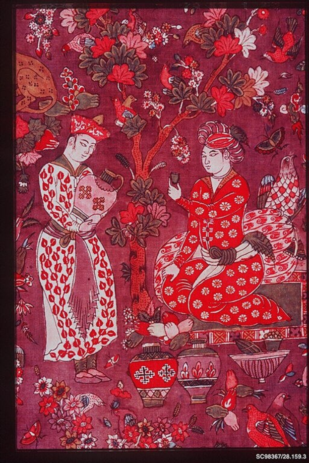 Gemälde eines Mannes und einer Frau in traditioneller chinesischer Kleidung, umgeben von Blumen und Vögeln, in einem Foto Rahmen.