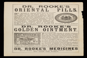 Eine alte Werbung für Dr. Brooke's Oriental Pills mit fetter Schrift und einem kreisrunden Logo mit weißem Hintergrund und blauem Rand.