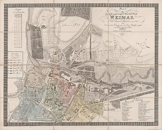 Detaillierte alte Karte von Weimar, Deutschland, die Straßen, Gebäude und Sehenswürdigkeiten zeigt, mit begleitendem Text über die Bevölkerung und Merkmale der Stadt.