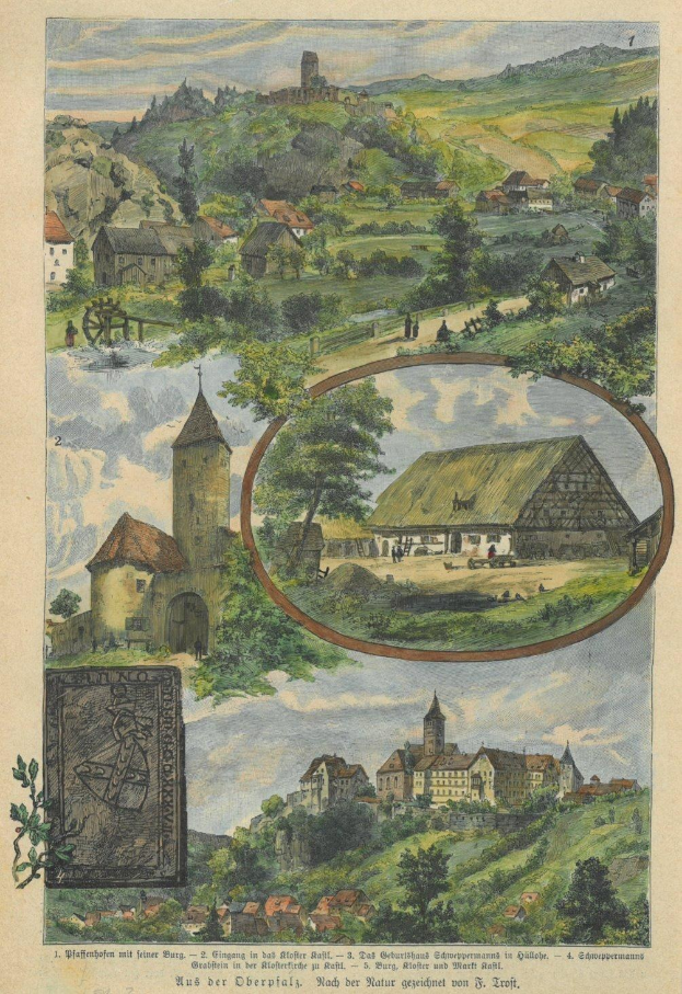 Ein altes Bild einer deutschen Ortschaft namens Günterberg aus dem Jahr 1857, das Häuser, Bäume, Hügel und einen bewölkten Himmel zeigt, mit der Inschrift "Günterberg, Deutschland, 1857" unten.