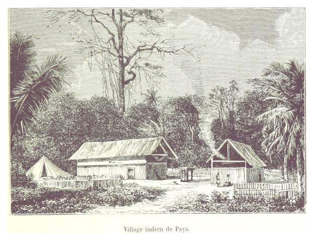 Dorf in den Philippinen mit Häusern, Bäumen, Pflanzen und Himmel im Hintergrund, mit Text unten.