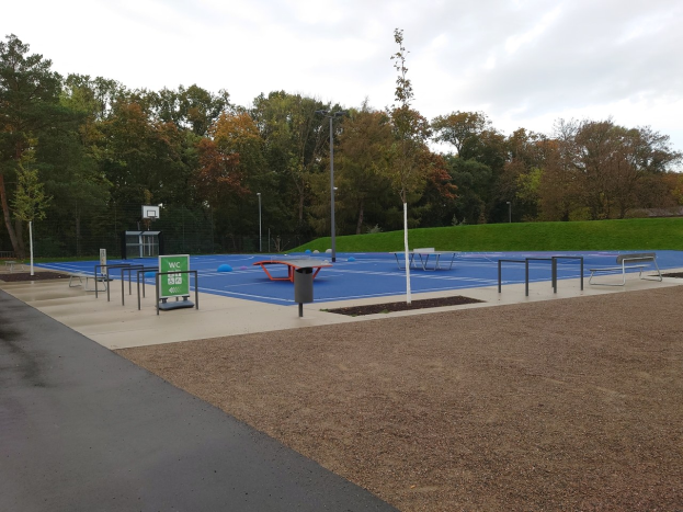 Ein Park mit einem Basketballfeld in der Mitte, umgeben von Straßenlaternen, Bänken und einem Mülleimer, mit grünem Gras, Bäumen und einem klaren blauen Himmel im Hintergrund.