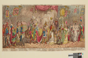 Eine Gruppe von Menschen in bunten Kostümen steht vor einer Bühne mit einem Vorhang, die den Großen Fasching des Napoleon, des Kaisers von Frankreich, von der Kirche Saint-Denis, Dezember 1785, feiern, wobei einige Fahnen und Dekorationen halten.
